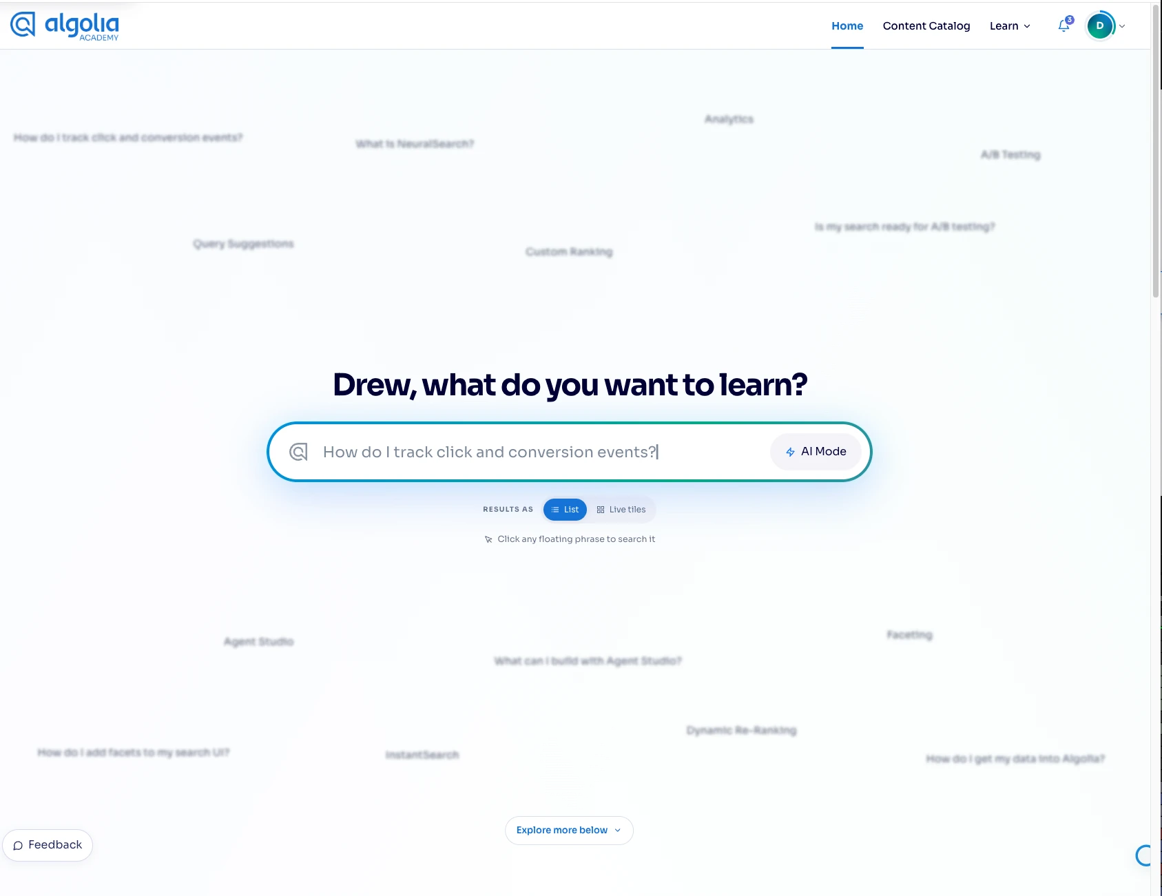 The platform home page, focused on search: a large search box with AI Mode, a list or live tiles toggle, and floating suggested topics.