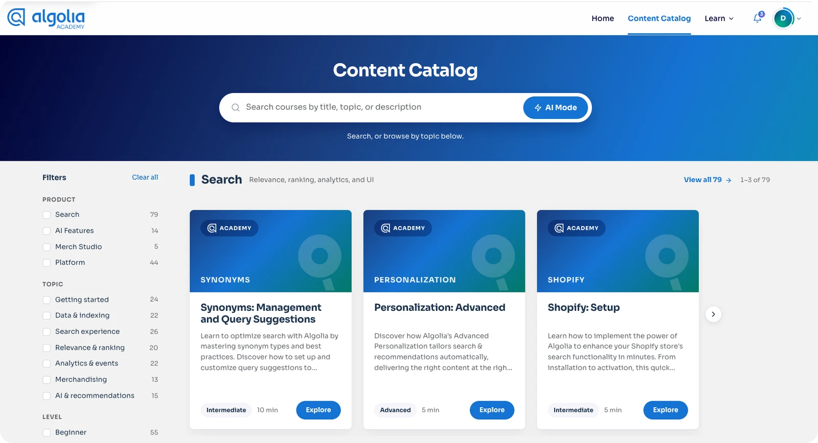 The content catalog with product and topic filters and course cards.